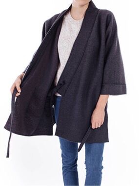 Priory Boiled Wool Grey Blue Open Kimono Wrap Coat S/M EUC